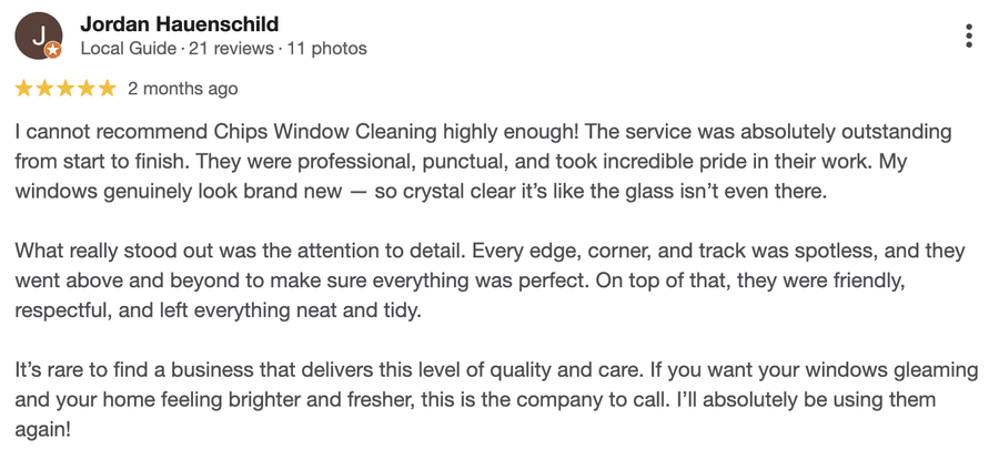 Google review 1 for Chips Window Cleaning